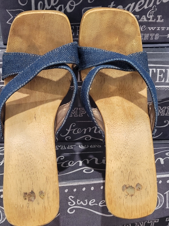 Candie's Shoes - Candie's Y2k Blue Denim Crisscross Wooden-Style Sandals